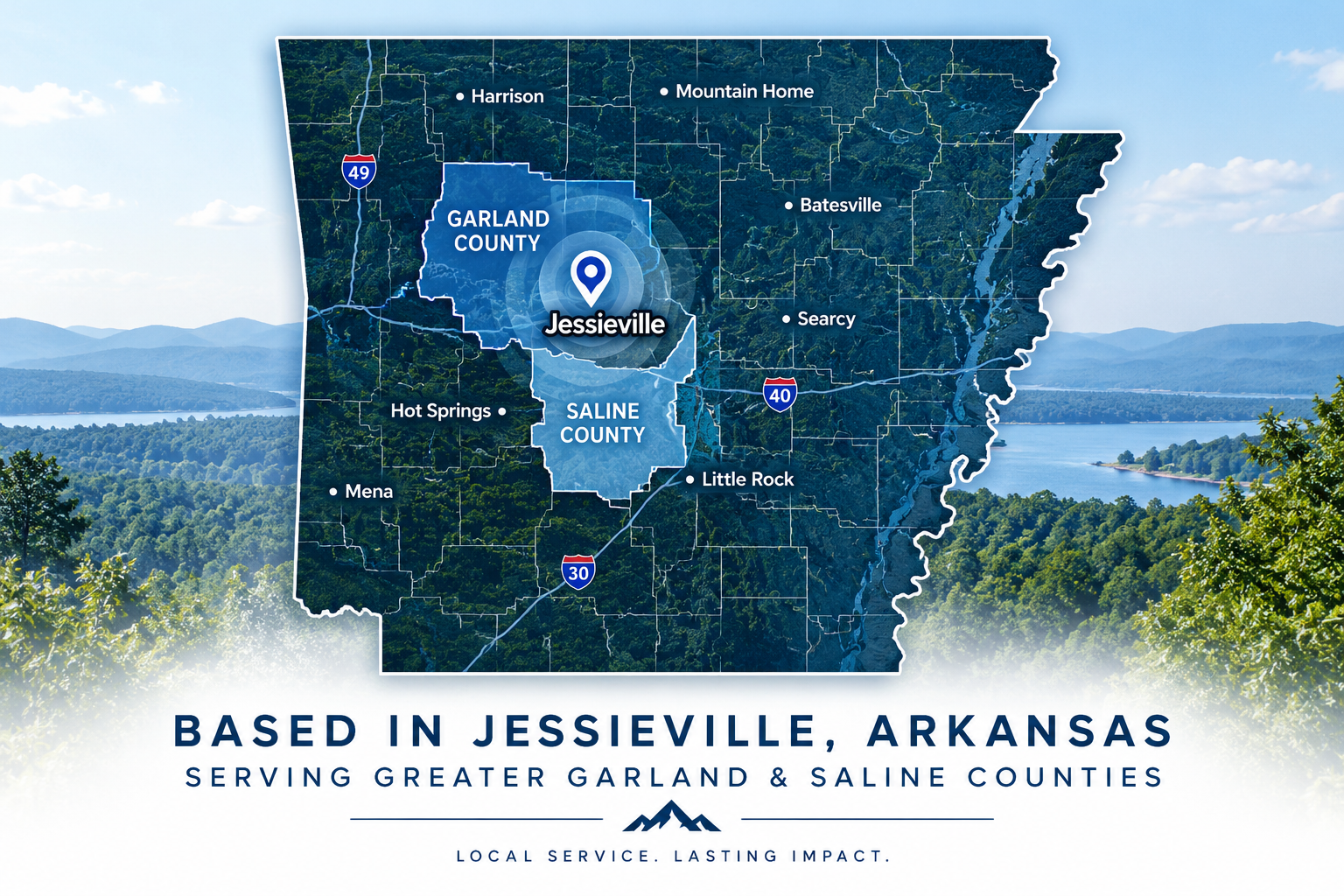 Illustrated Arkansas service area map with Jessieville marked and Garland and Saline counties highlighted